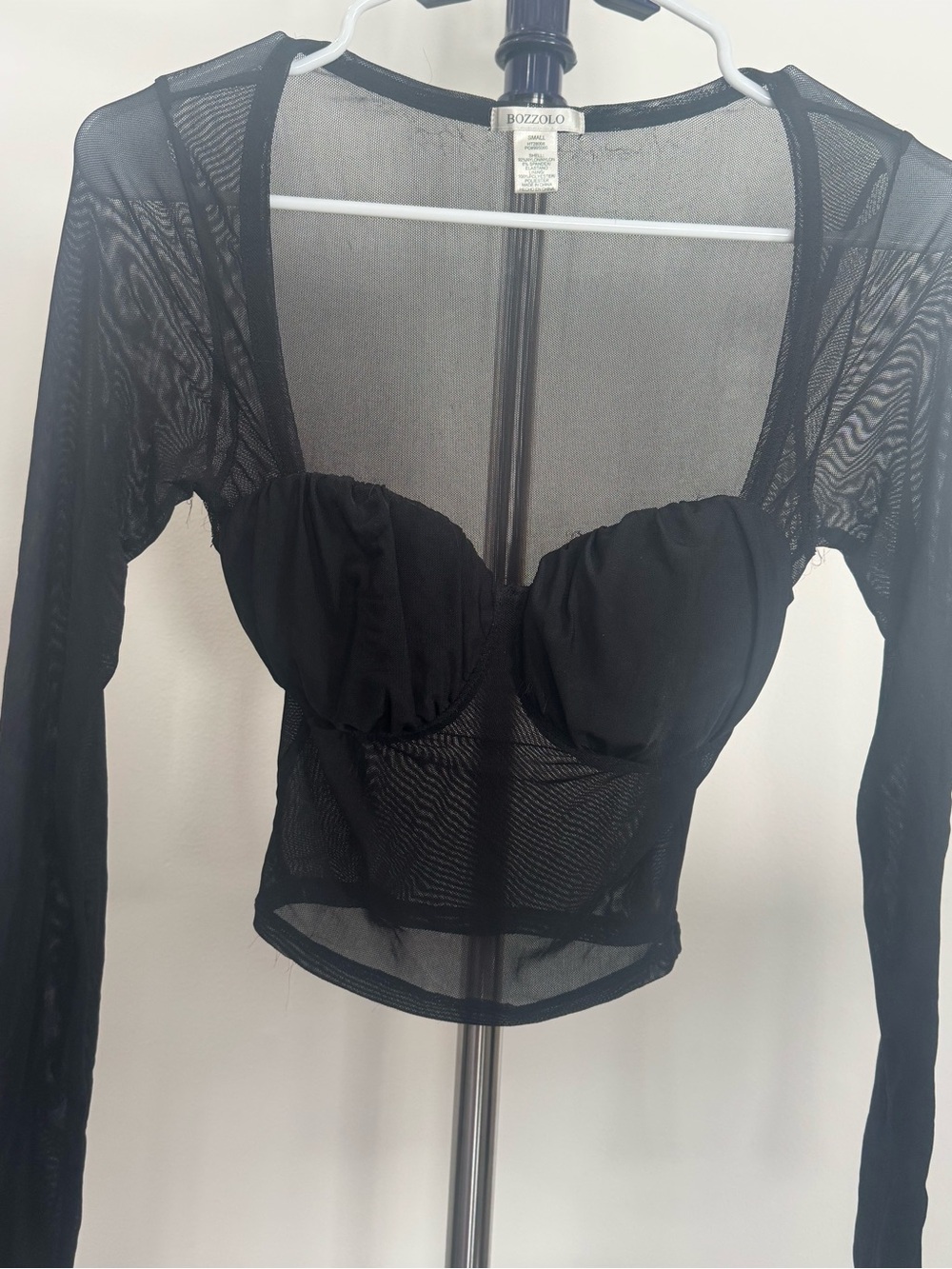 Bozzolo Black Sheer Mesh Bustier Long Sleeve Crop Top